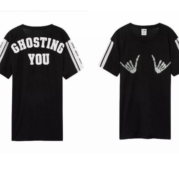 Victoria's Secret PINK GHOSTING YOU Bones Skeleton Bling T-Shirt NEW Super Cool - Picture 2 of 4